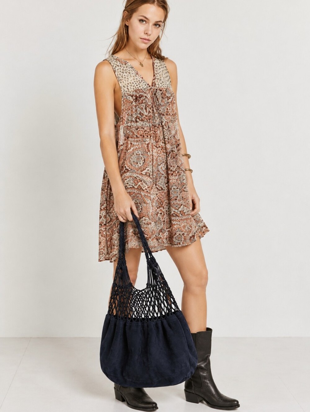 Anthropologie Twilight-Dipped Tote Navy Suede Leather Netted Boho Shoulder Bag